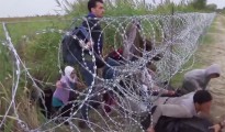 Inmigrantes procedente de Oriente Medio entran a Hungría desde Serbia el pasado 26 de agosto pasando por debajo de una concertina erigida por el Gobierno húngaro. (Imagen: capturada de un vídeo del WSJ)